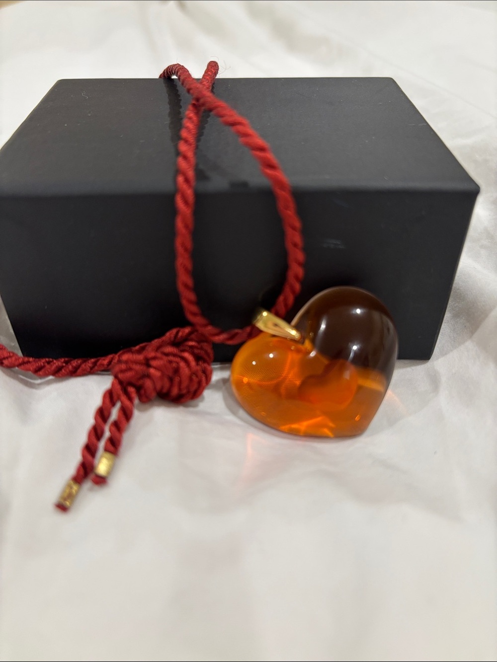 Lalique Coeur Tender Heart Amber Pendant Necklace on Red Cord
